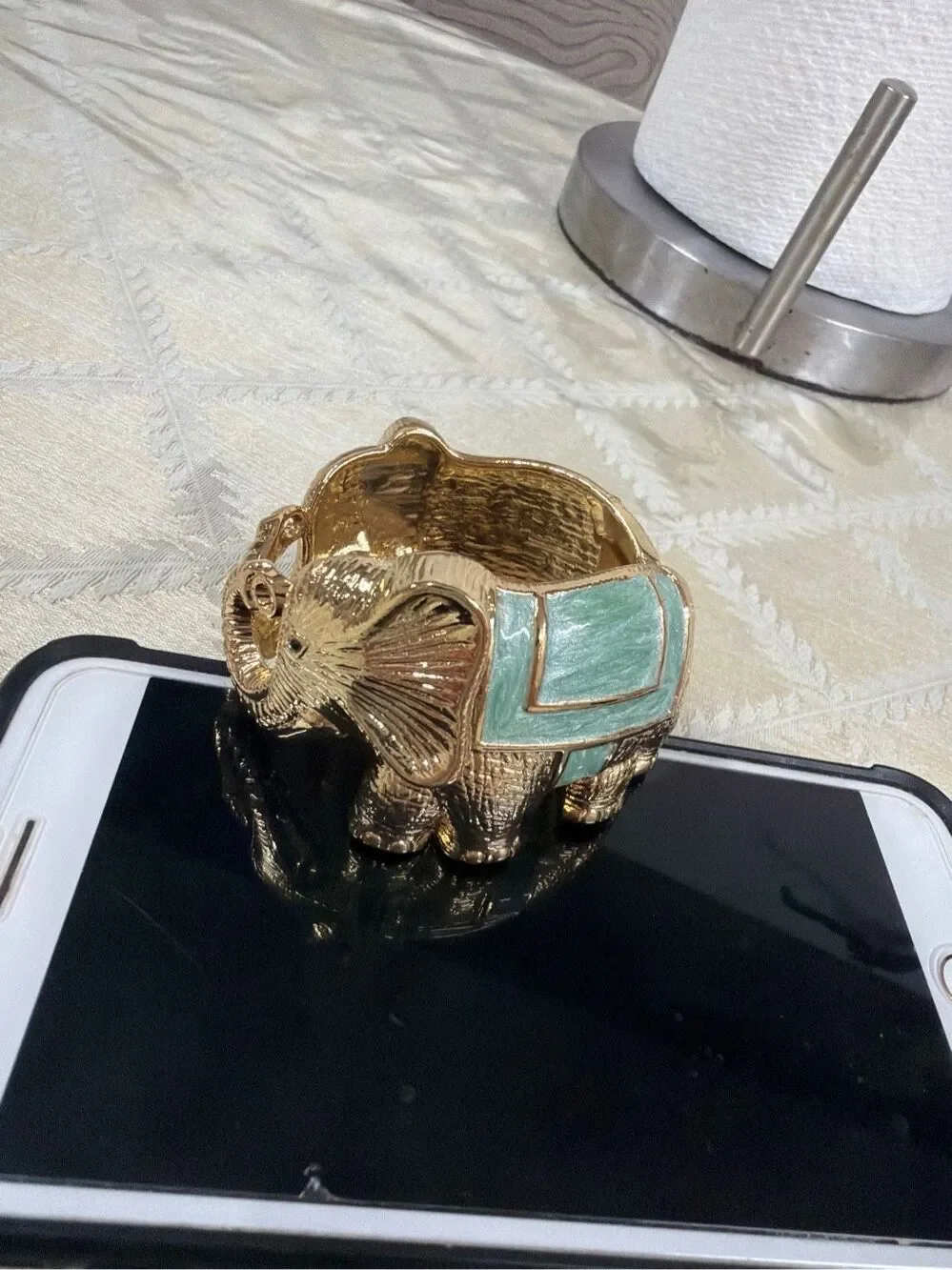 Gold Tone Textured Elephant Hinged Cuff Bracelet | Mint Green Enamel Trunk-Up St